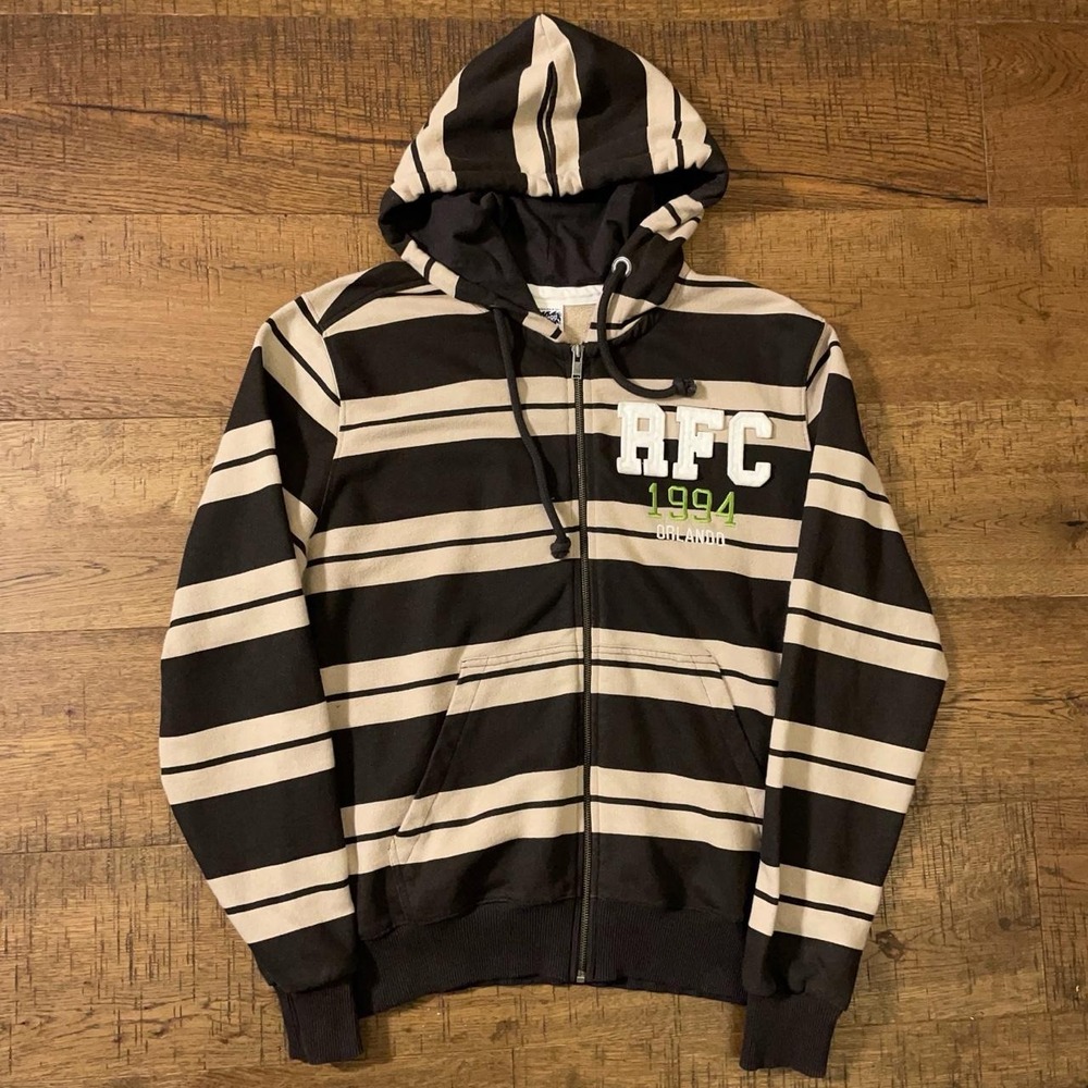 Rainforest Cafe Zip Hoodie Mens L Black Cream Y2K Rugby Skater Striped RFC 1994
